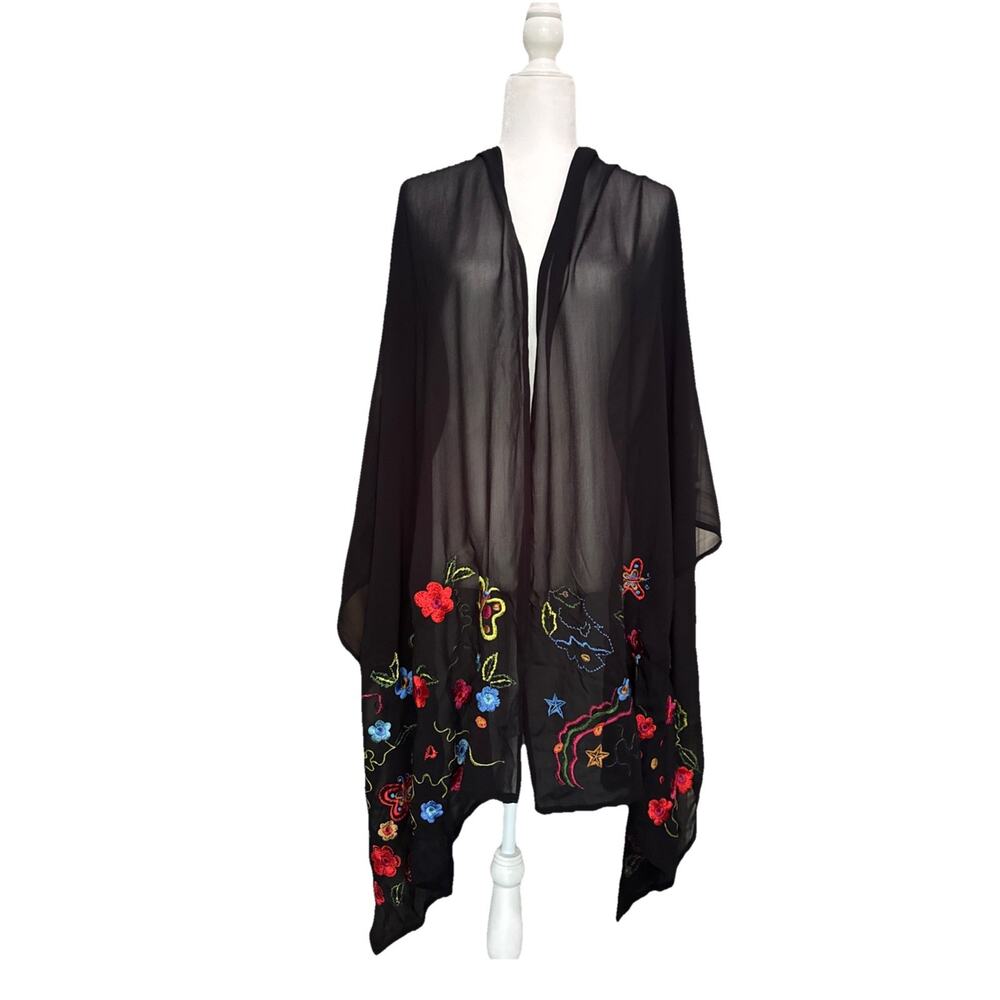 CHICOS Rectangular Scarf Wrap Womens Black Sheer Mesh Floral Boho Embroidered